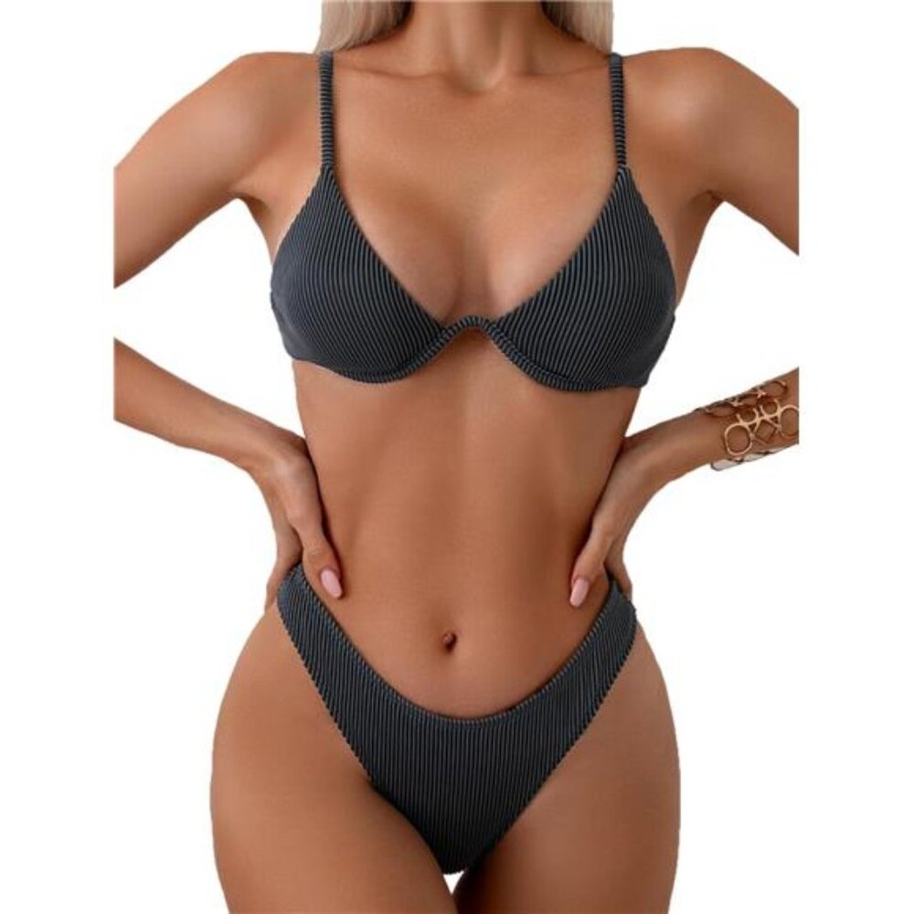 Women Underwire Triangle Bikini Spaghetti Strap‎ Push Up Swimsuit Dark Grey